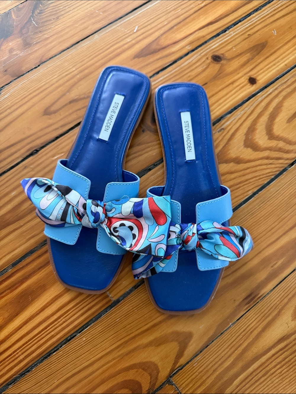 Steve Madden Blue Slide Sandals with Patterned Knot scarf